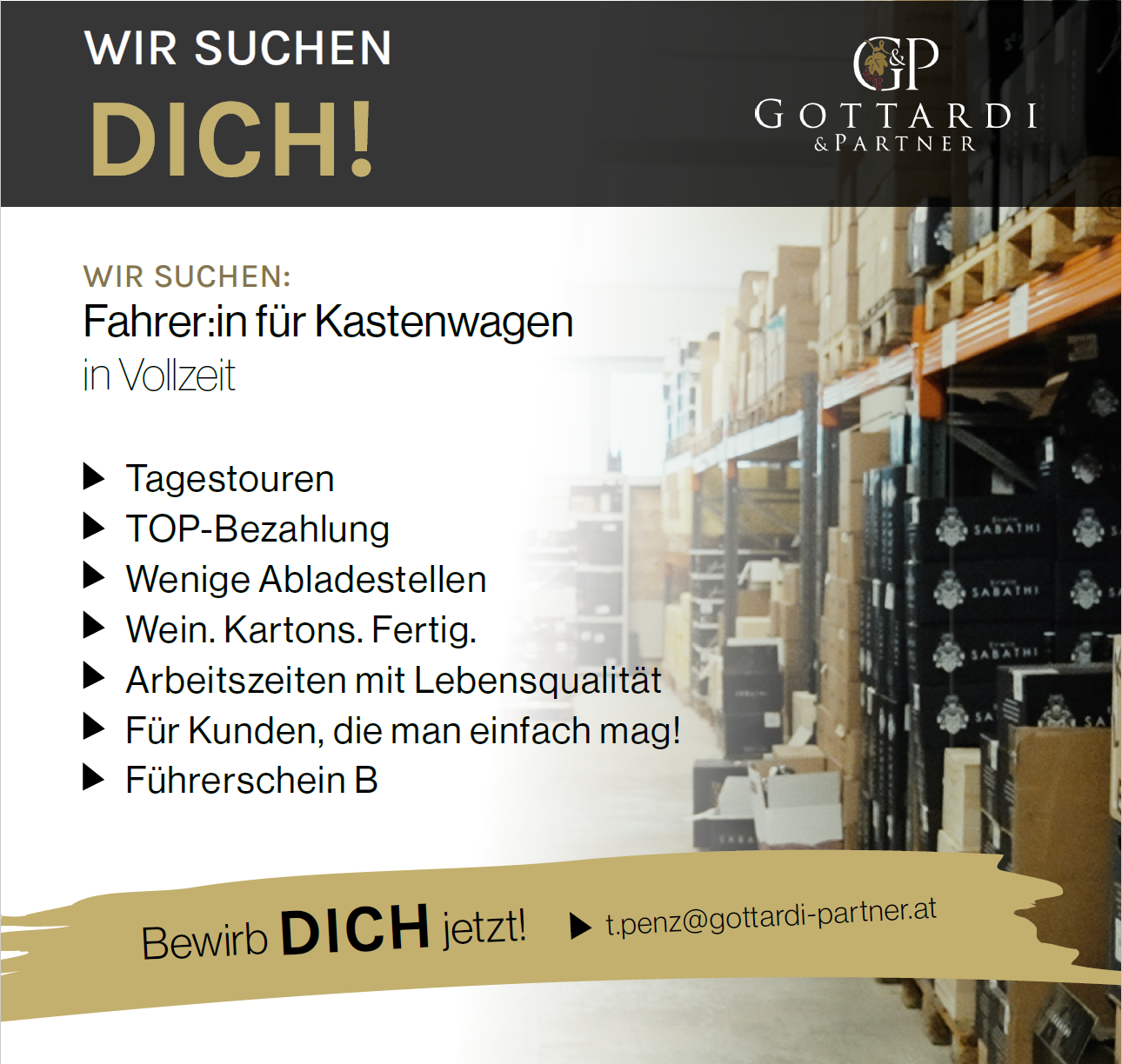 WIR SUCHEN DICH! Fahrer:in für Kastenwagen in Vollzeit: Tagestouren, TOP-Bezahlung, Wenige Abladestellen, Arbeitszeiten mit Lebensqualität; Führerschein B; Bewirb dich jetzt! 