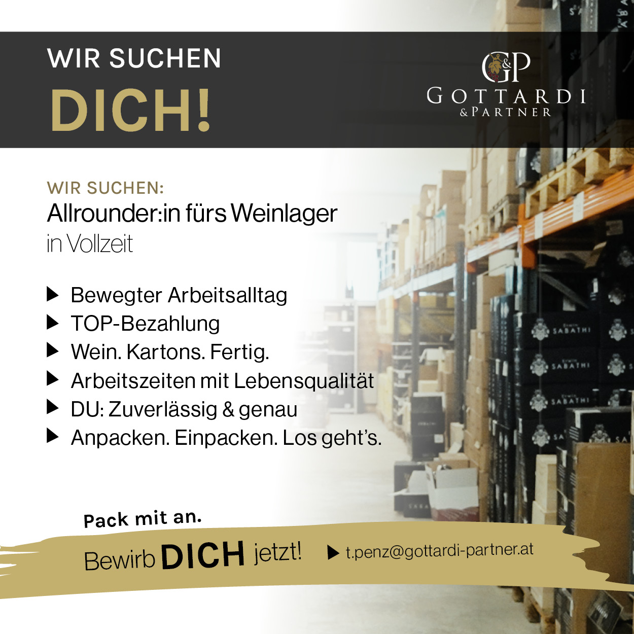 WIR SUCHEN DICH! Allrounder:in fürs Weinlager; Bewirb dich jetzt! 